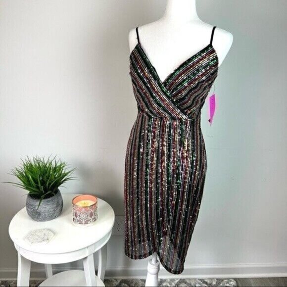 Betsey Johnson Womens Sheath Dress Multicolor Size 2 Sequin Striped Surplice - Picture 2 of 12